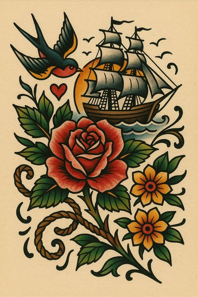 Traditional tattoo art featuring a rose, ship, and swallow