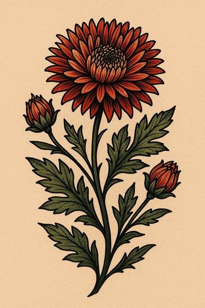 Illustration of a Vibrant Flower with Buds