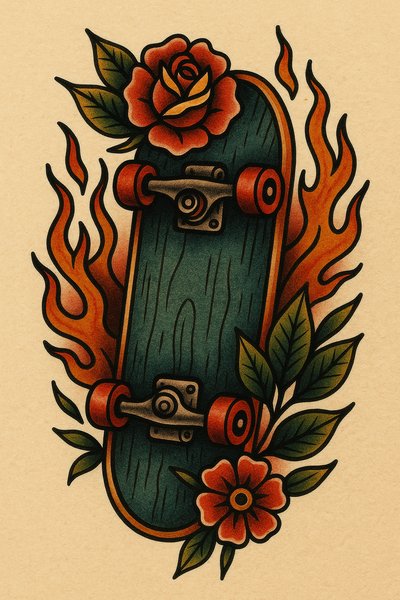 Vintage tattoo-style skateboard art with floral elements