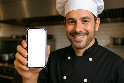 Chef Holding a Phone in a Kitchen Setting