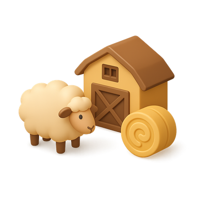 3D Sheep Station Icon with Barn and Hay