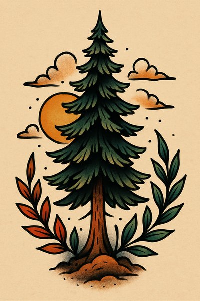 Illustrative Tree Design with Sun and Clouds
