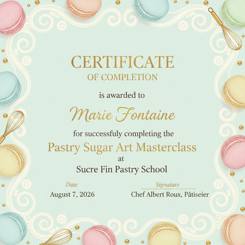 Elegant pastry completion certificate