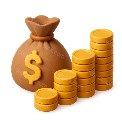 3D Money Growth Icon with Coins and Bag