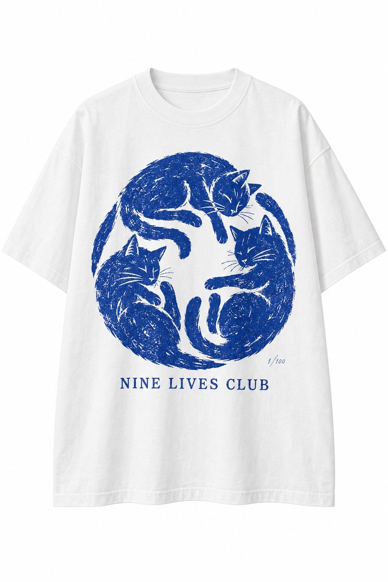 Cobalt blue cat linocut tee
