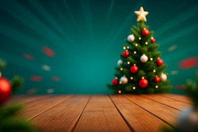 Dynamic Christmas Scene with Wooden Table and Tree