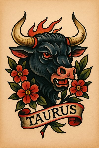 Bold Taurus Tattoo Design with Floral Elements