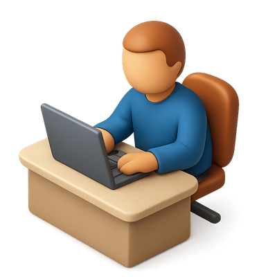 3D Desk Icon with Person Working on Laptop