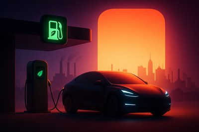 Electric Car Charging at a Gas Station in an Industrial Cityscape