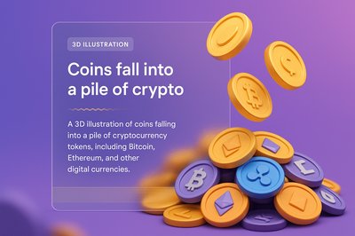 3D Illustration of Falling Coins into Cryptocurrency Pile