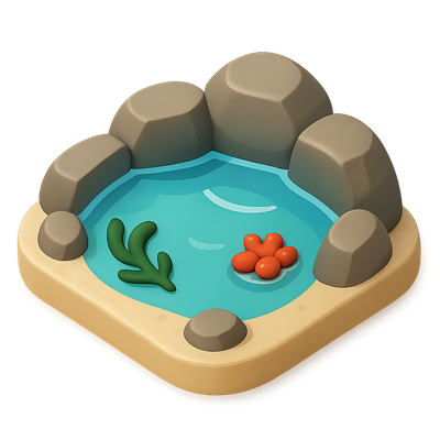 3D Rocky Tide Pool Icon with Sea Elements