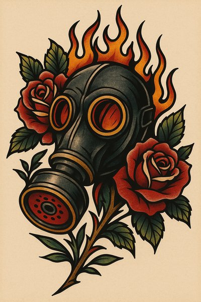 Artistic depiction of a gas mask with roses and flames