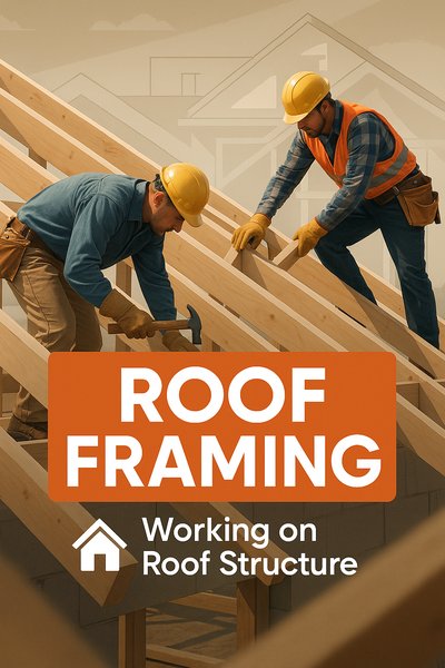 Construction Scene of Roof Framing with Workers