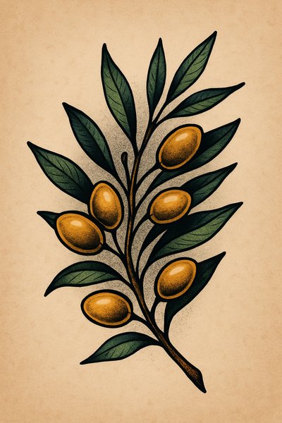 Artistic illustration of an olive branch with ripe fruits