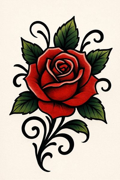 Vibrant Vintage Rose Tattoo Design with Decorative Elements