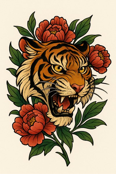 Colorful Illustration of a Tiger Surrounded by Flowers