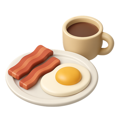 3D Breakfast Icon Featuring Eggs, Bacon, and Coffee