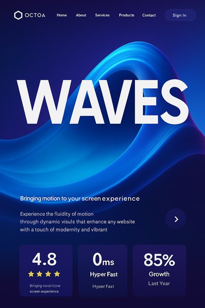 Modern Landing Page Design with Dynamic Blue Waves