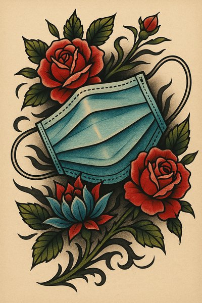 Artistic Tattoo Design Featuring Mask and Flowers
