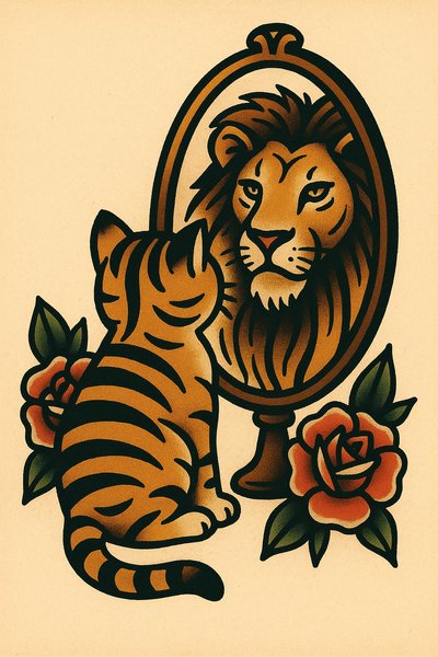Kitten Gazing at Mirror Seeing a Lion - Tattoo Design