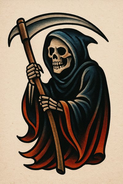 Stylized Grim Reaper Illustration with Scythe