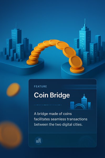 Coin Bridge Connecting Two Digital Cities in 3D Illustration