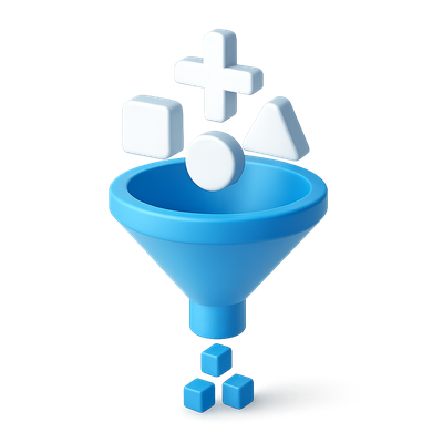 3D Data Funnel Icon with Geometric Shapes