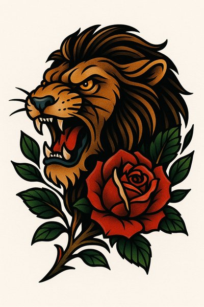 Illustrative Tattoo Design Featuring Lion and Rose