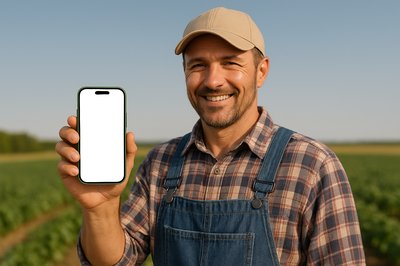 Smiling Farmer Holding Green Phone in Field