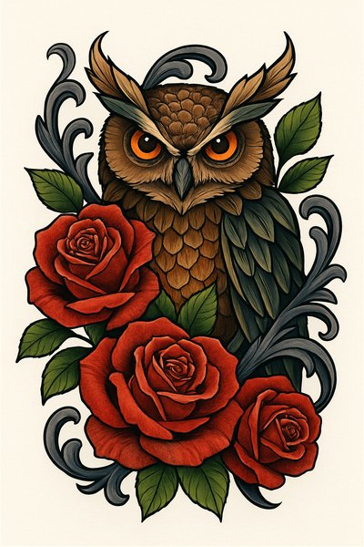 Detailed Owl Illustration Surrounded by Roses