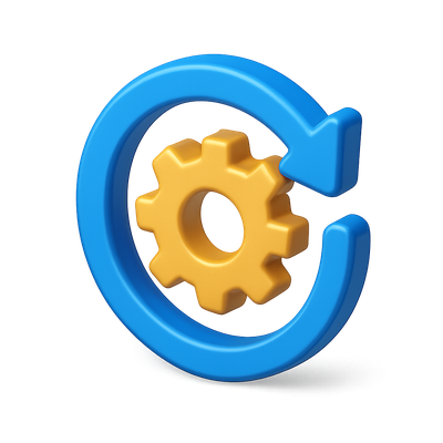 Stylized 3D Gear Icon with Refresh Symbol