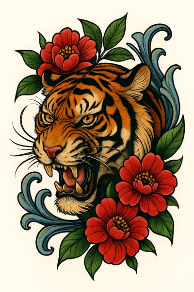 Vibrant Tiger Illustration Surrounded by Flowers