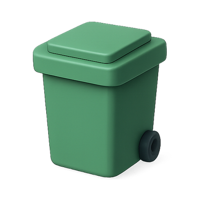 Stylized Green Trash Bin with Lid and Wheel