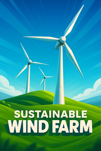 Dynamic Wind Farm Illustration with Turbines and Blue Sky
