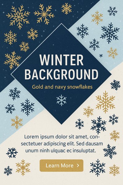 Elegant Winter Background with Gold and Navy Snowflakes
