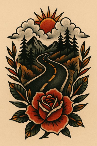 Artistic tattoo design featuring a scenic road and rose