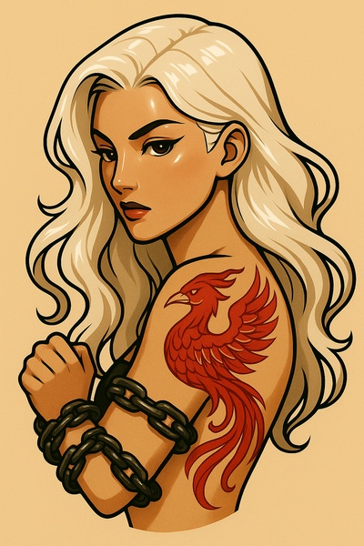 Stylized Phoenix Tattoo on a Woman with Chains