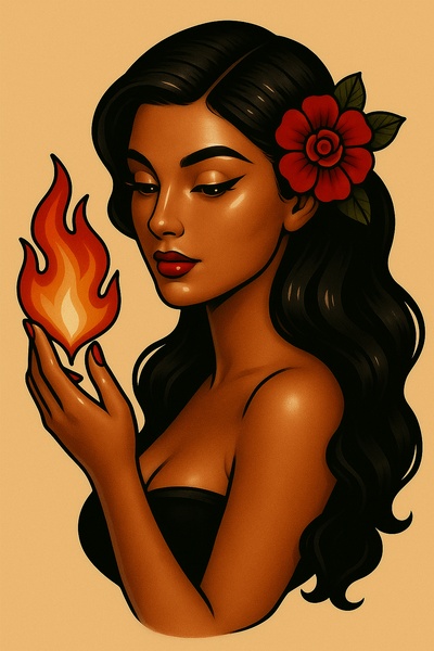 Stylized Tattoo Design of a Woman with Fire and Rose