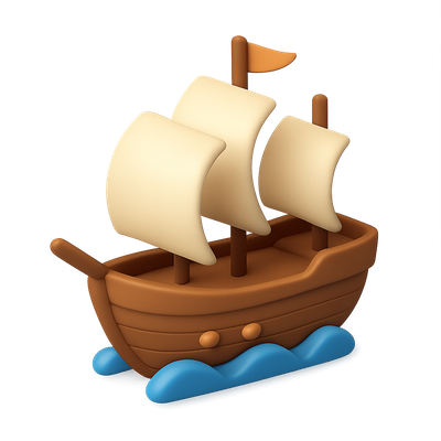 Colorful 3D Icon of a Sailing Ship with Sails