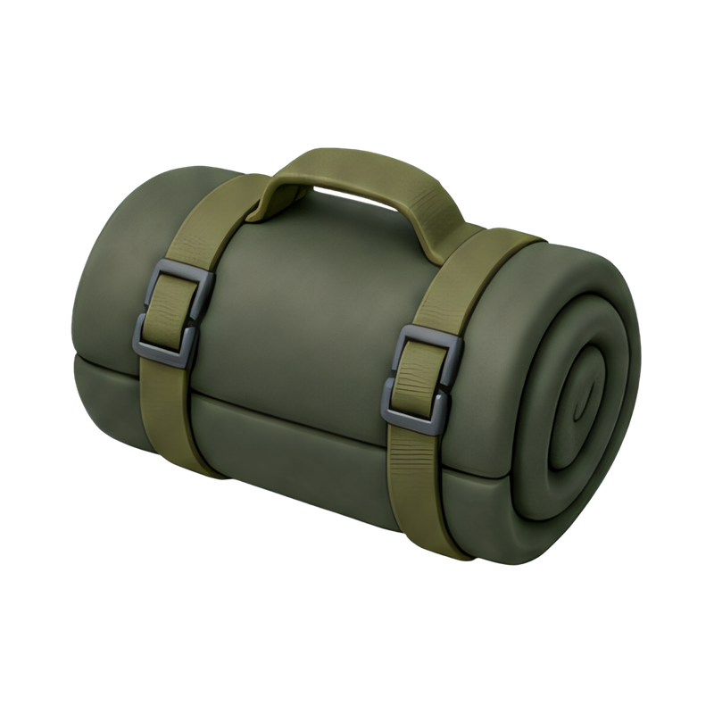 rolled bedroll in a field