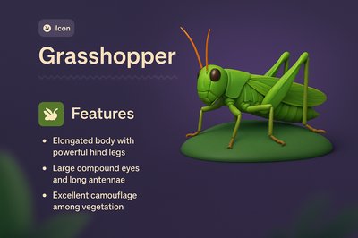 3D Grasshopper Illustration with Features Description