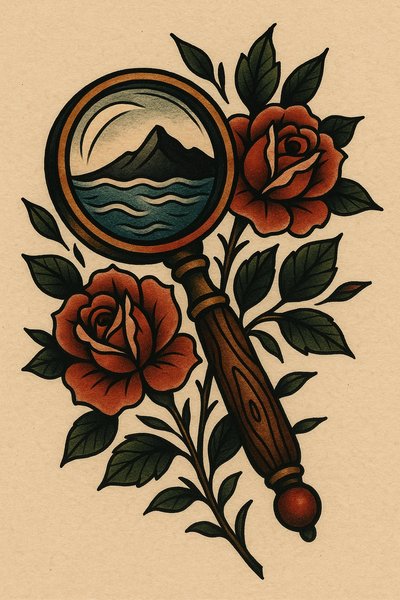 Vintage-style illustration of a magnifying glass with landscape and roses