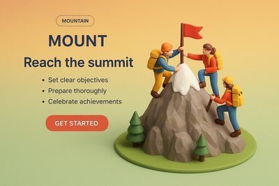 3D Mountain Scene with Climbers and Action Button