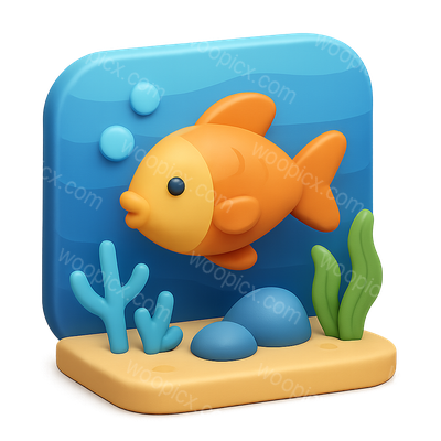 Colorful 3D Underwater Fish Icon with Coral and Bubbles