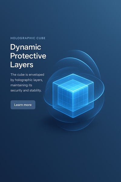 Holographic Cube with Dynamic Protective Layers Illustration