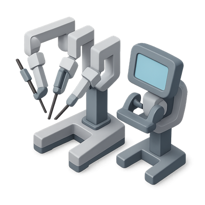 Stylized 3D Icon of Robotic Arms and Monitor