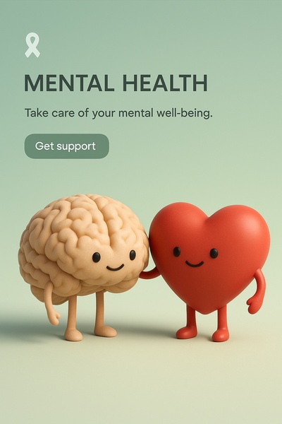 3D Illustration of Brain and Heart for Mental Health Awareness