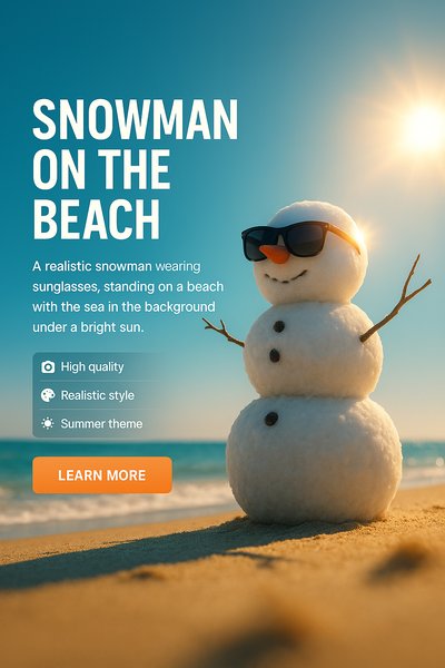 Realistic Snowman on a Beach Under Bright Sun