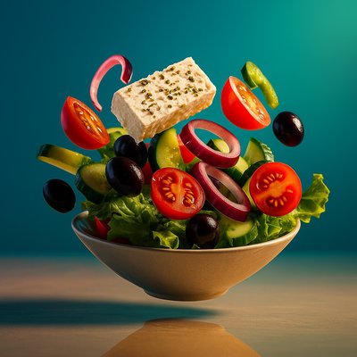 Dynamic Greek Salad in Mid-Air with Vibrant Background
