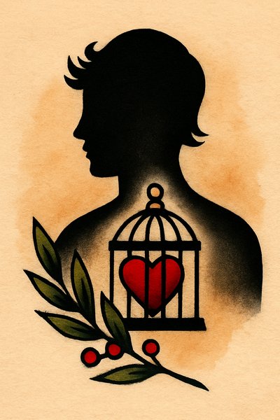 Silhouette with Heart in a Cage Tattoo Design